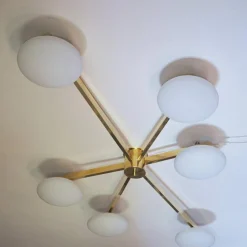 Lampada da soffitto Flush-Mount in Ottone e Vetro con 6 bracci
