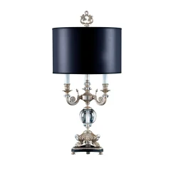 Lampada da tavolo a 3 luci in ottone con foglia d'argento e paralume nero