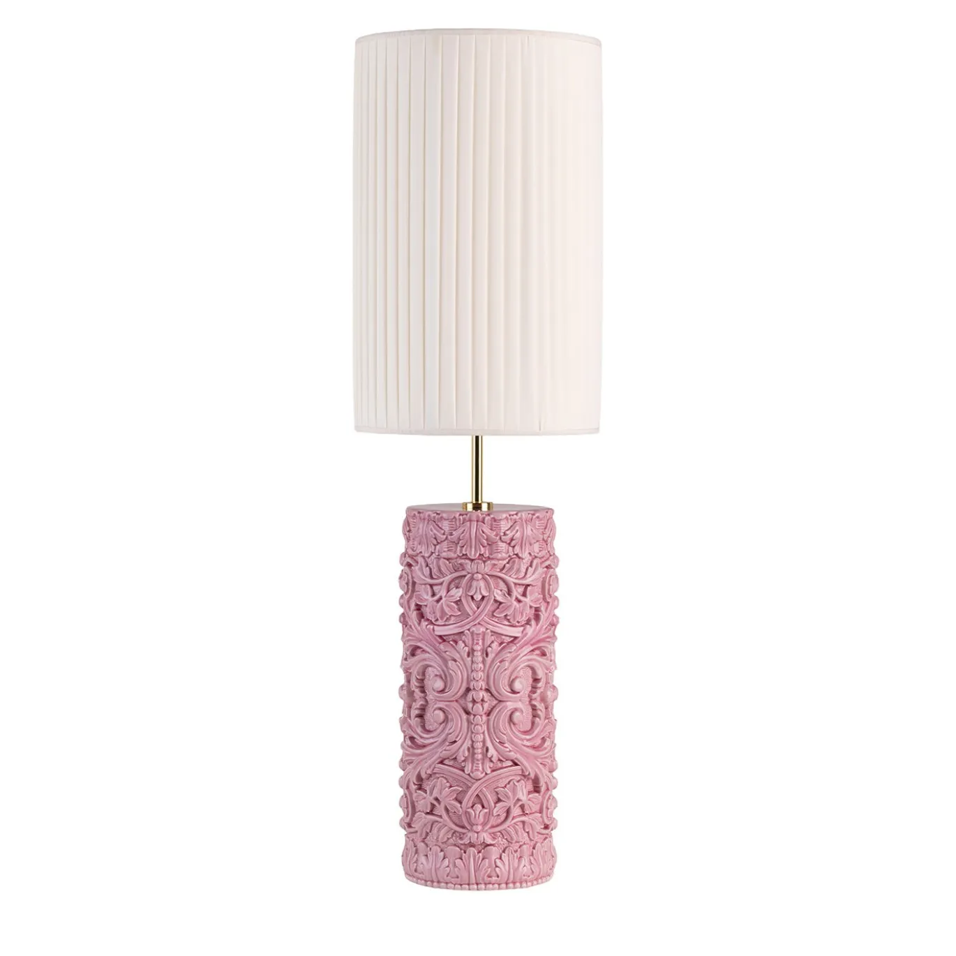 Lampada da tavolo cilindrica Lume Barocco in ceramica rosa con paralume bianco