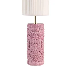 Lampada da tavolo cilindrica Lume Barocco in ceramica rosa con paralume bianco