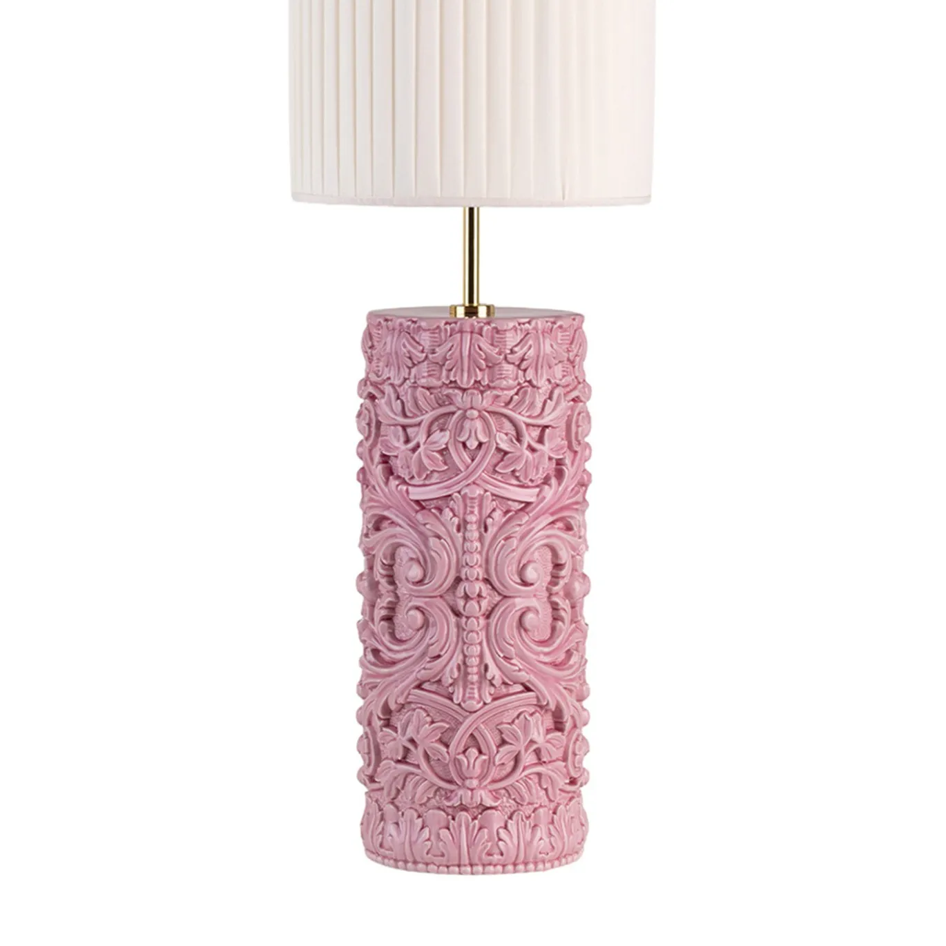 Lampada da tavolo cilindrica Lume Barocco in ceramica rosa con paralume bianco