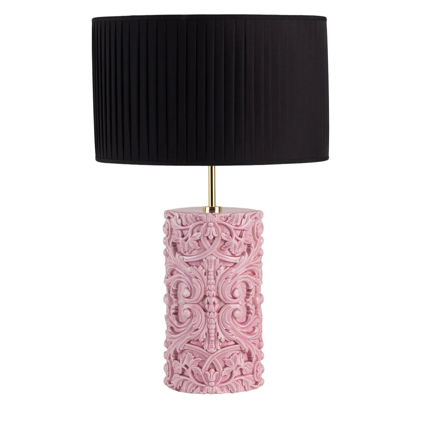 Lampada da tavolo cilindrica Lume Barocco alta in ceramica rosa con paralume nero