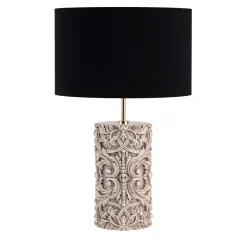 Lampada da tavolo cilindrica Lume Barocco in ceramica avorio con paralume nero