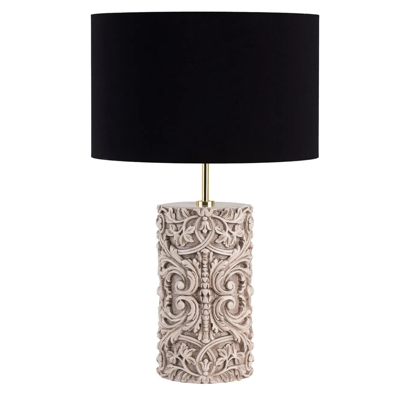 Lampada da tavolo cilindrica Lume Barocco in ceramica avorio con paralume nero