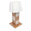 Lampada da tavolo in pelle e teak color crema