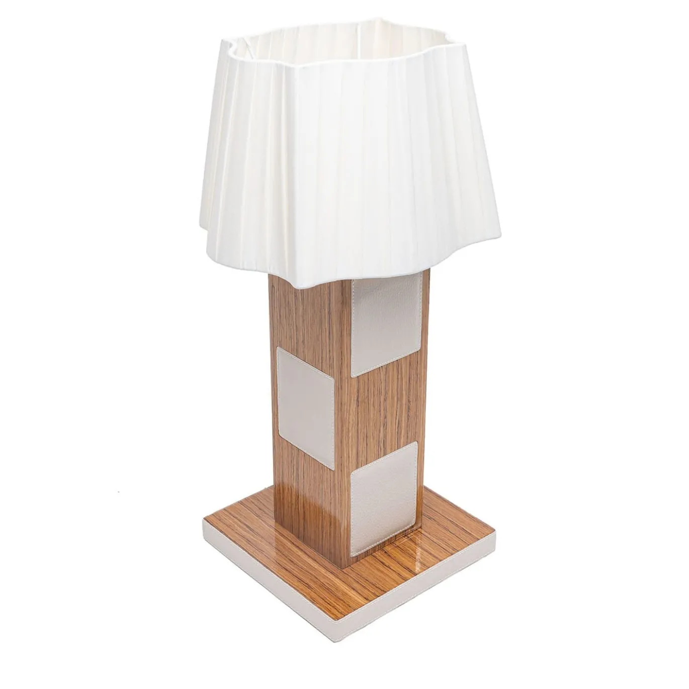 Lampada da tavolo in pelle e teak color crema