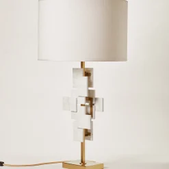 Lampada da tavolo Tiles in marmo di Carrara e ottone satinato