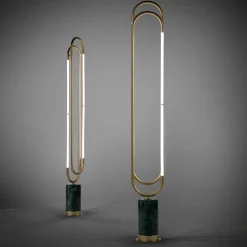 Lampada Da Terra Collier In Metallo Dorato e Marmo Verde Guatemala