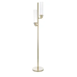 Lampada da terra con struttura in ottone e vetro curvato