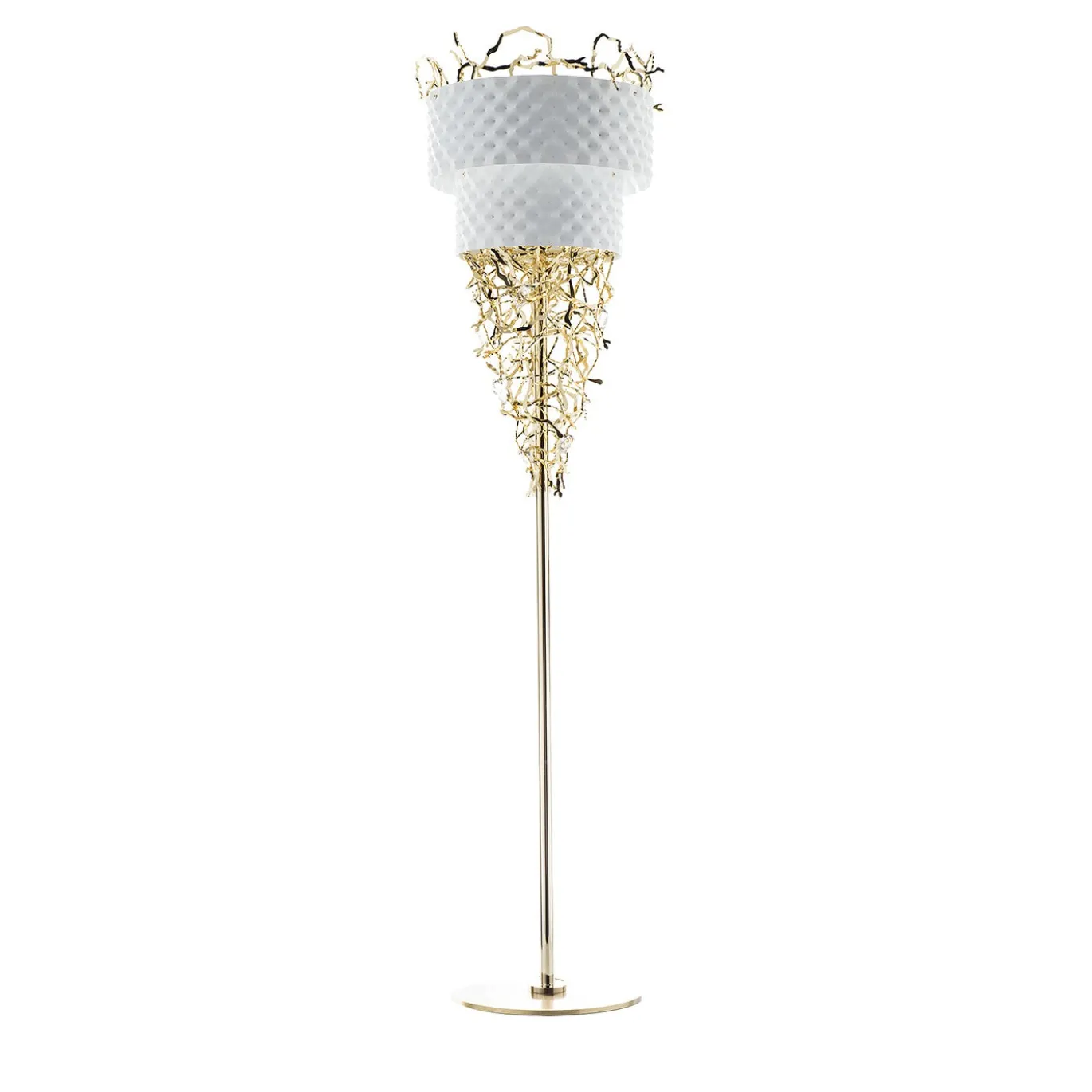 Lampada da terra Groovy in velluto bianco e oro chiaro