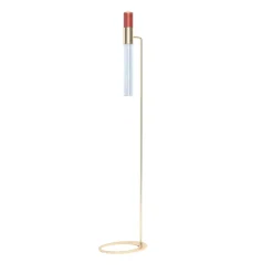 Lampada da terra Sbàrlusc in vetro rosso e ottone champagne di Isacco Brioschi