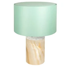 Lampada Pillar in marmo di Carrara e onice con paralume in cotone