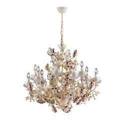 Lampadario a 12 luci in metallo avorio e rose in porcellana di Capodimonte