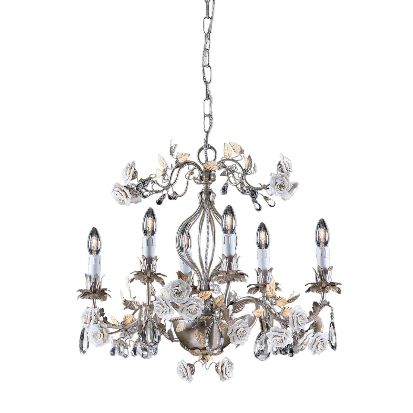 Lampadario a 6 luci in metallo con foglia d'argento e rose in porcellana di Capodimonte