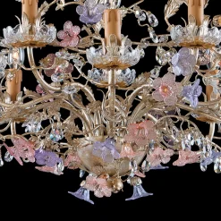 Lampadario a 10 luci in metallo con foglia d'argento e fiori