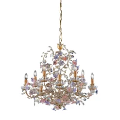 Lampadario a 10 luci in metallo con foglia d'argento e fiori