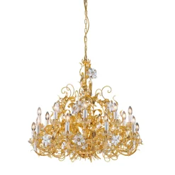 Lampadario a 18 luci in metallo con foglia d'oro e cristallo