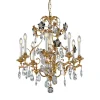 Lampadario a 8 luci in metallo foglia oro e fiori in cristallo fumè
