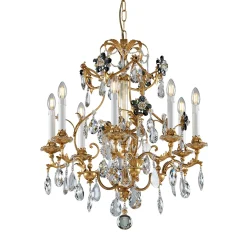 Lampadario a 8 luci in metallo foglia oro e fiori in cristallo fumè