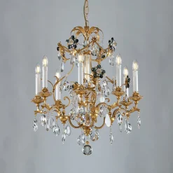 Lampadario a 8 luci in metallo foglia oro e fiori in cristallo fumè
