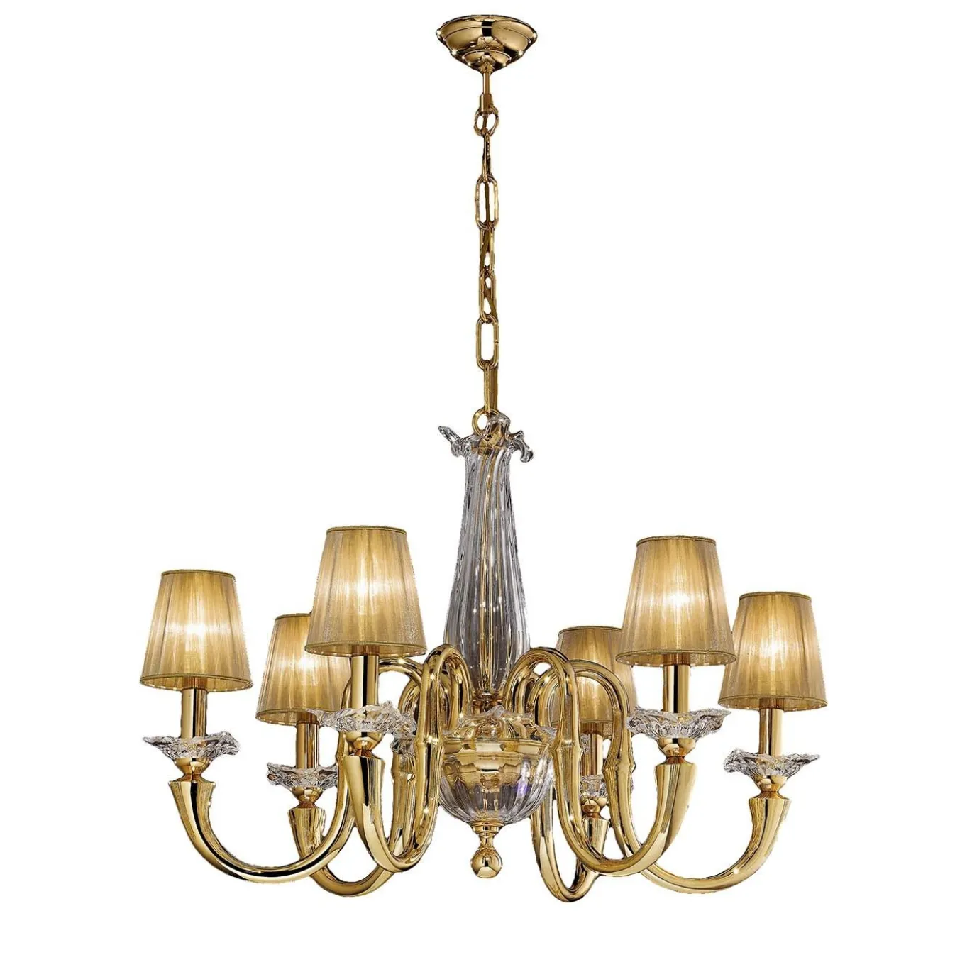 Lampadario a 6 luci in oro e cristallo con paralumi in organza