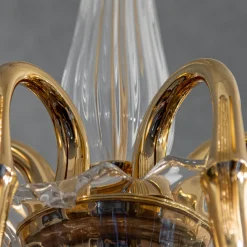 Lampadario a 6 luci in oro e cristallo con paralumi in organza