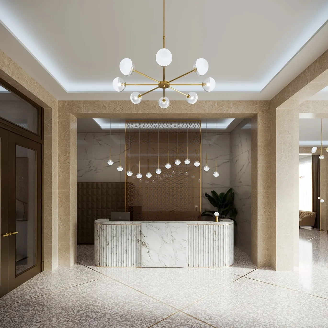 Lampadario a 8 luci in ottone naturale Molecola