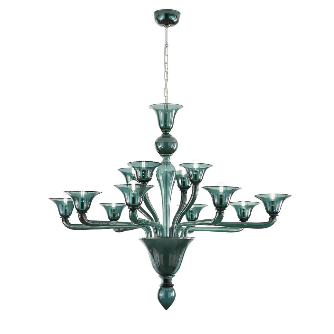 Lampadario Anastasia a 12 Luci in Vetro Soffiato Verde Petrolio