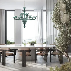 Lampadario Anastasia a 12 Luci in Vetro Soffiato Verde Petrolio