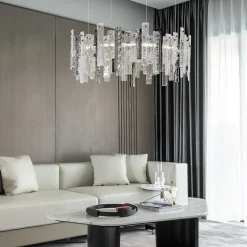 Lampadario Artic con struttura metallica e vetro Pulegoso e Martellato