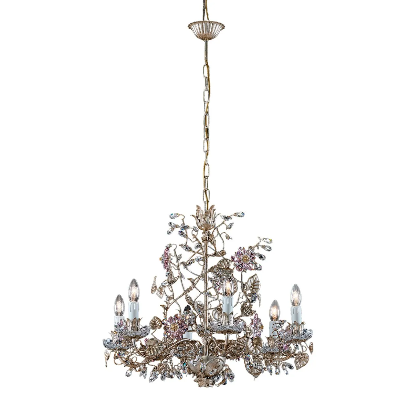 Lampadario a Sei Luci in Metallo con Foglia d'Argento e Fiori di Cristallo