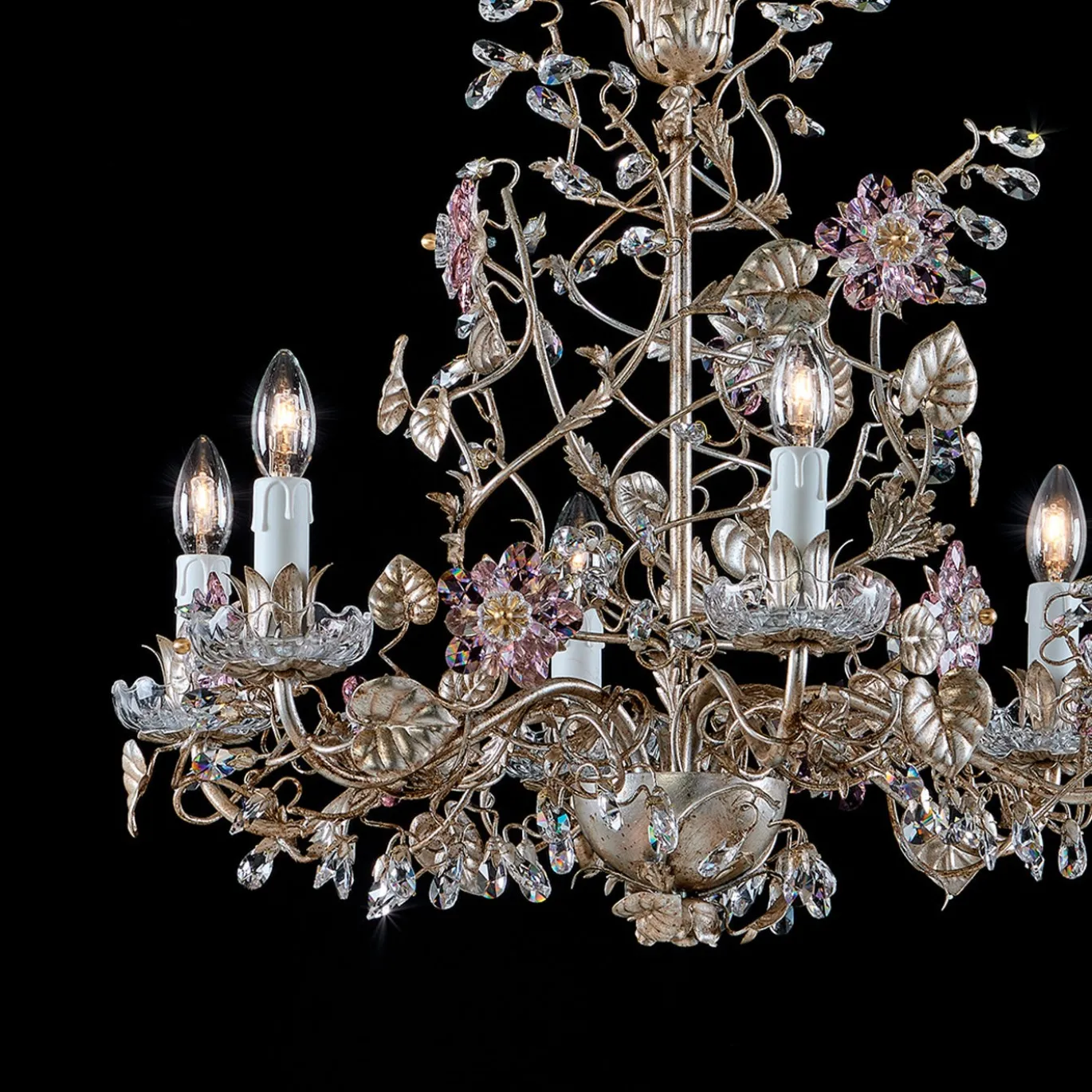 Lampadario a Sei Luci in Metallo con Foglia d'Argento e Fiori di Cristallo