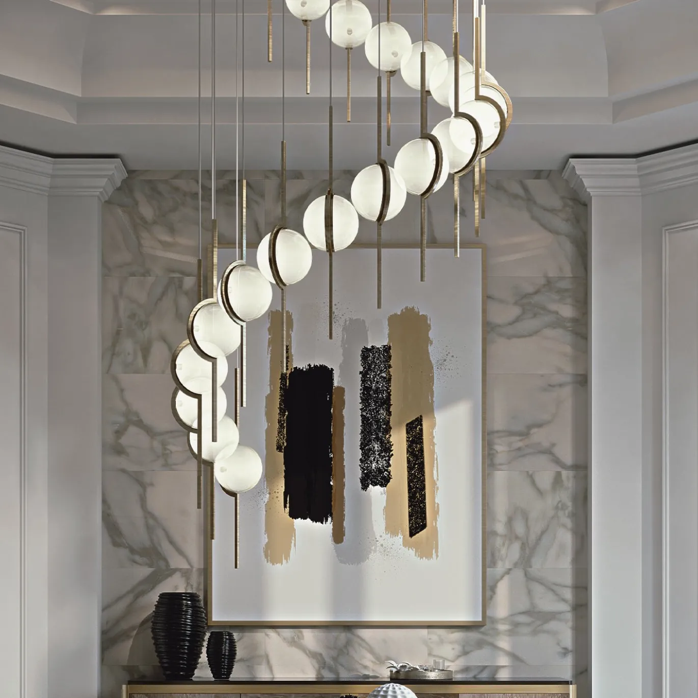 Lampadario a spirale Jupiter con struttura dorata