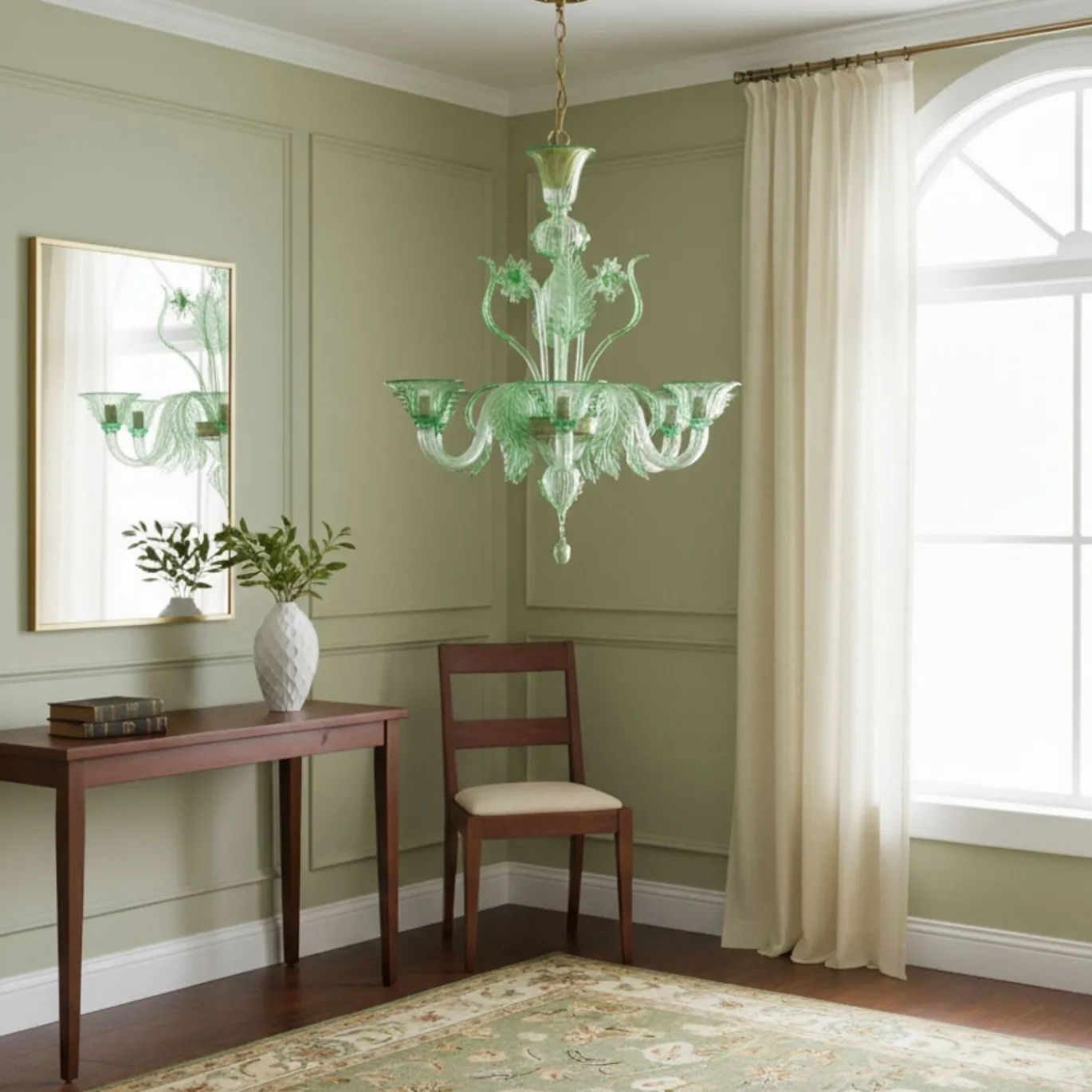 Lampadario Avior in vetro verde con dettagli dorati