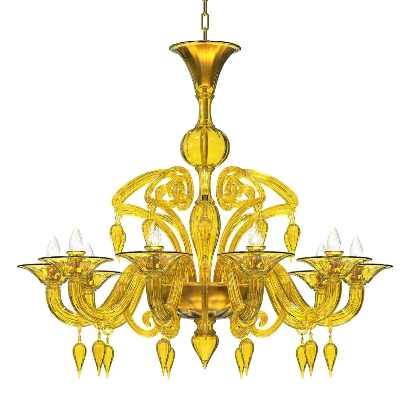 Lampadario Canova a 10 Luci in Vetro di Murano Giallo