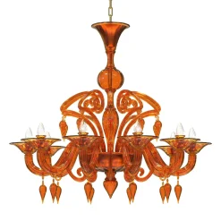 Lampadario Canova a 10 Luci in Vetro di Murano Arancione