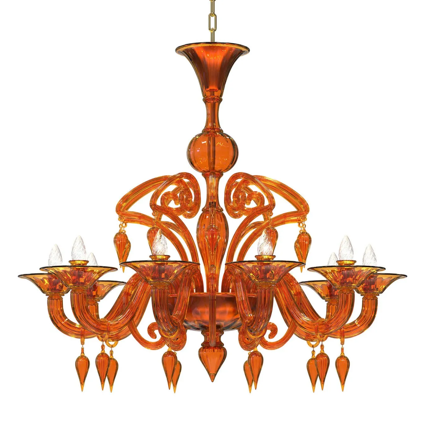 Lampadario Canova a 10 Luci in Vetro di Murano Arancione
