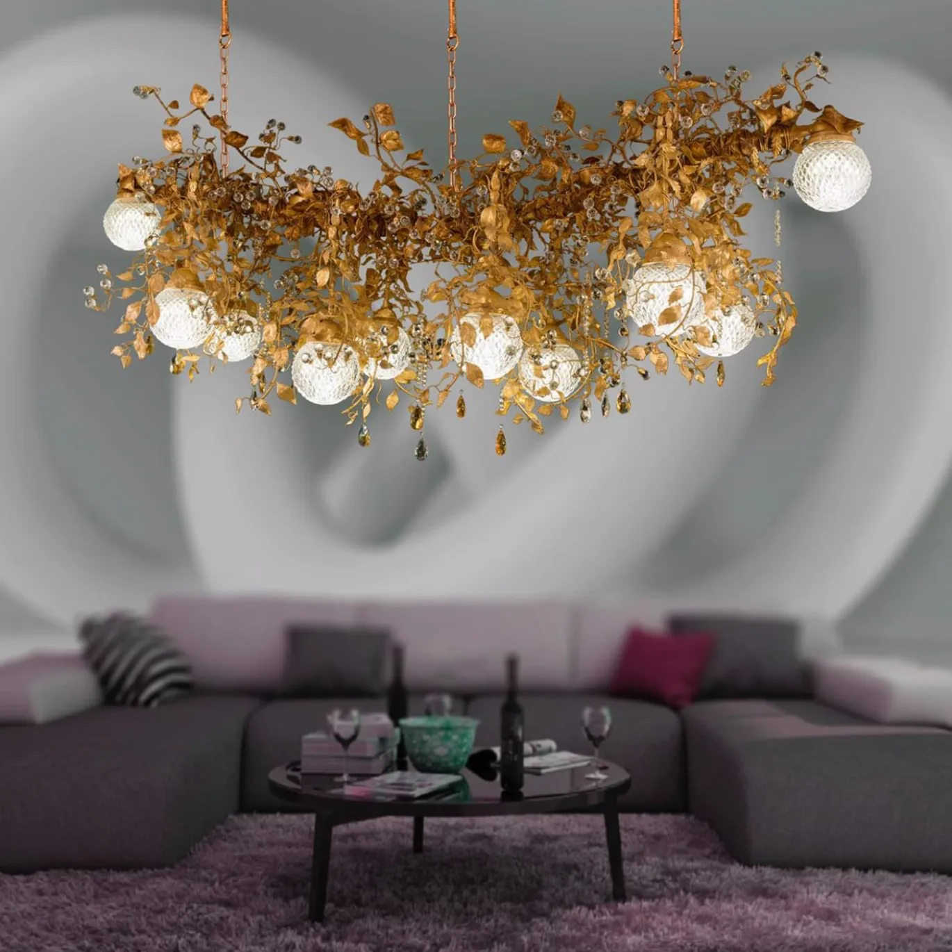 Lampadario contemporaneo 319 a 10 luci in oro fitomorfo