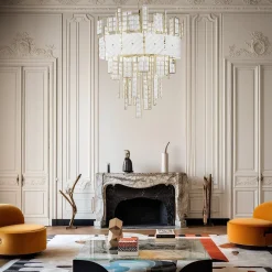 Lampadario Crystalline grande in cristallo bianco con struttura dorata
