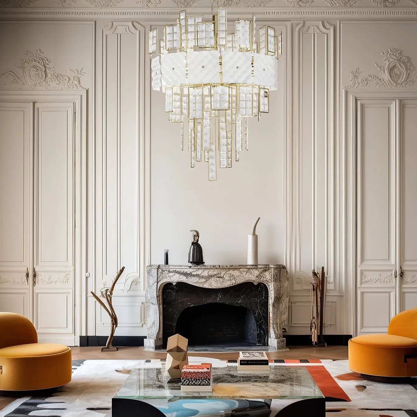 Lampadario Crystalline grande in cristallo bianco con struttura dorata