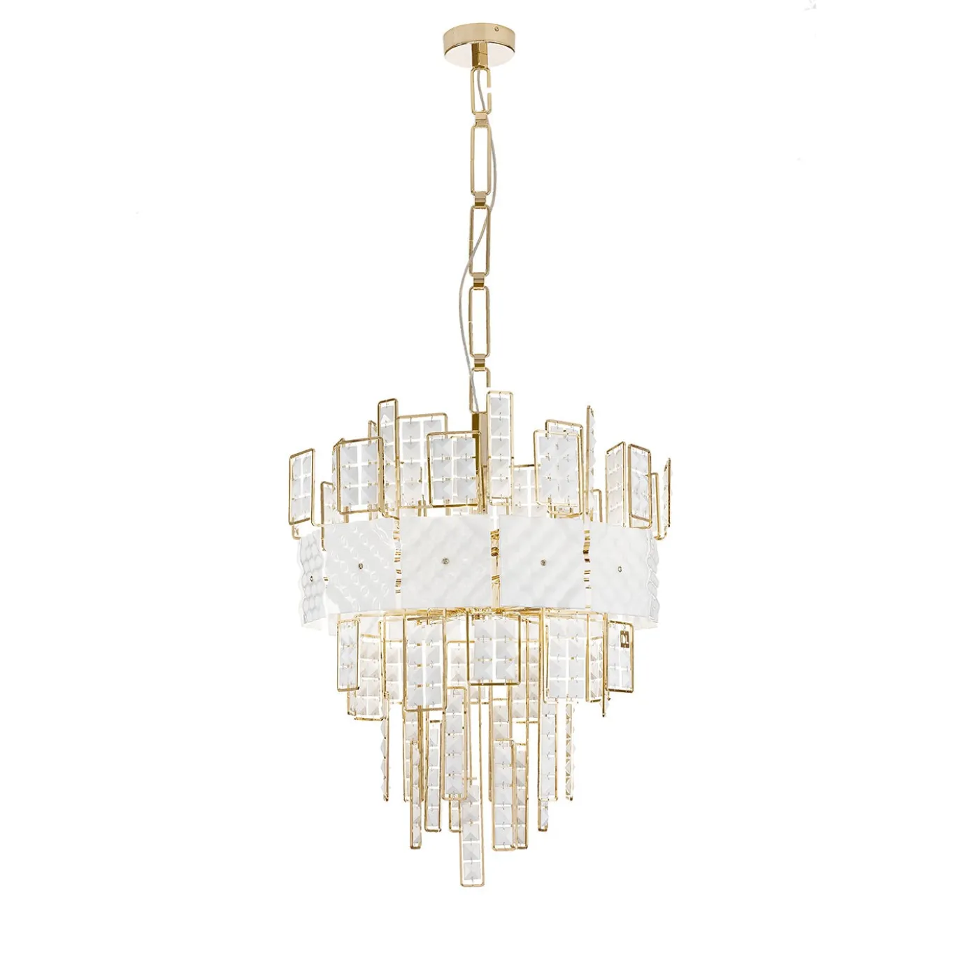 Lampadario Crystalline grande in cristallo bianco con struttura dorata