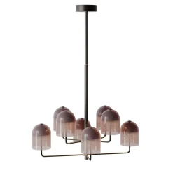 Lampadario Doma in Ottone Brunito Scuro e Vetro Rosa Antico