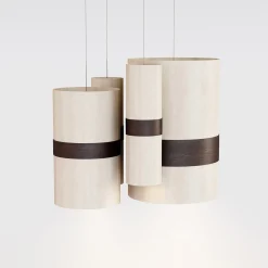 Lampadario Do-Re-Mi in legno curvato impiallacciato beige e marrone