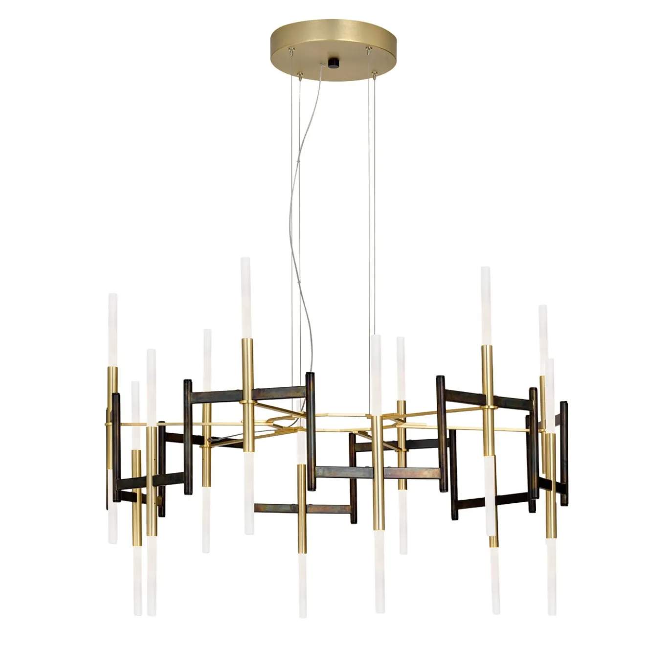 Lampadario Ekle in metallo corten brunito e oro spazzolato
