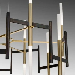Lampadario Ekle in metallo corten brunito e oro spazzolato