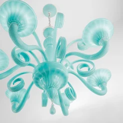 Lampadario Elena a 6 Luci in Vetro Soffiato Azzurro Chiaro