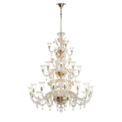 Lampadario Emperador A 28 Luci In Vetro Trasparente E Dettagli In Oro