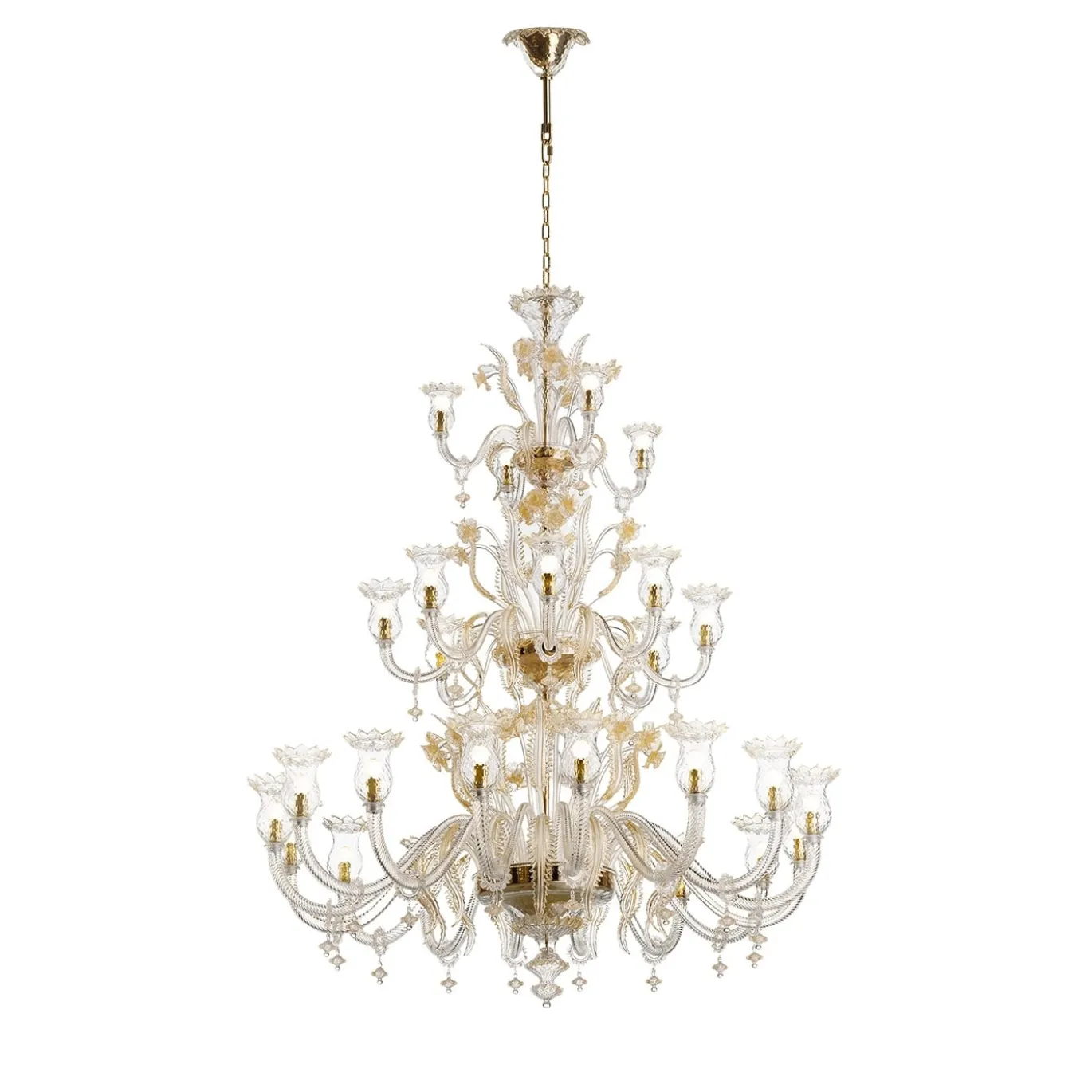 Lampadario Emperador A 28 Luci In Vetro Trasparente E Dettagli In Oro