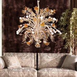 215 Lampadario floreale beige e ambra a 16 luci
