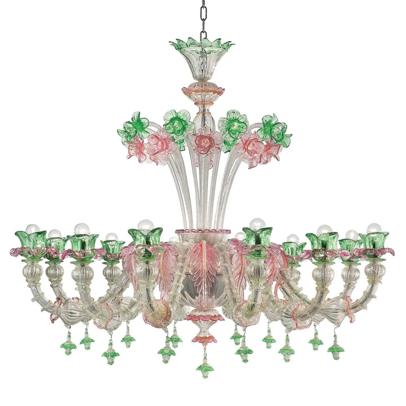 Lampadario floreale in vetro soffiato verde rosa di Calle Montesanto